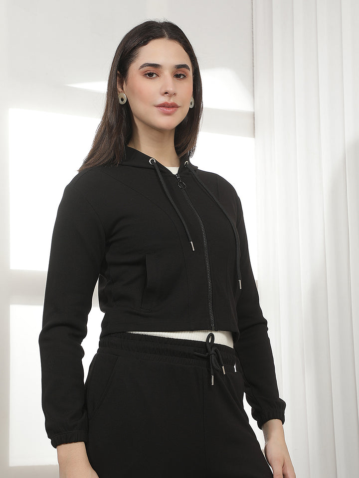 Black Hooded Cropped Front-Open Sweatshirt