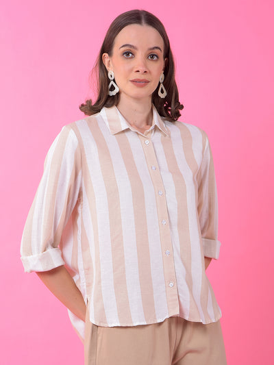 Beige Vertical Stripes Linen Shirt