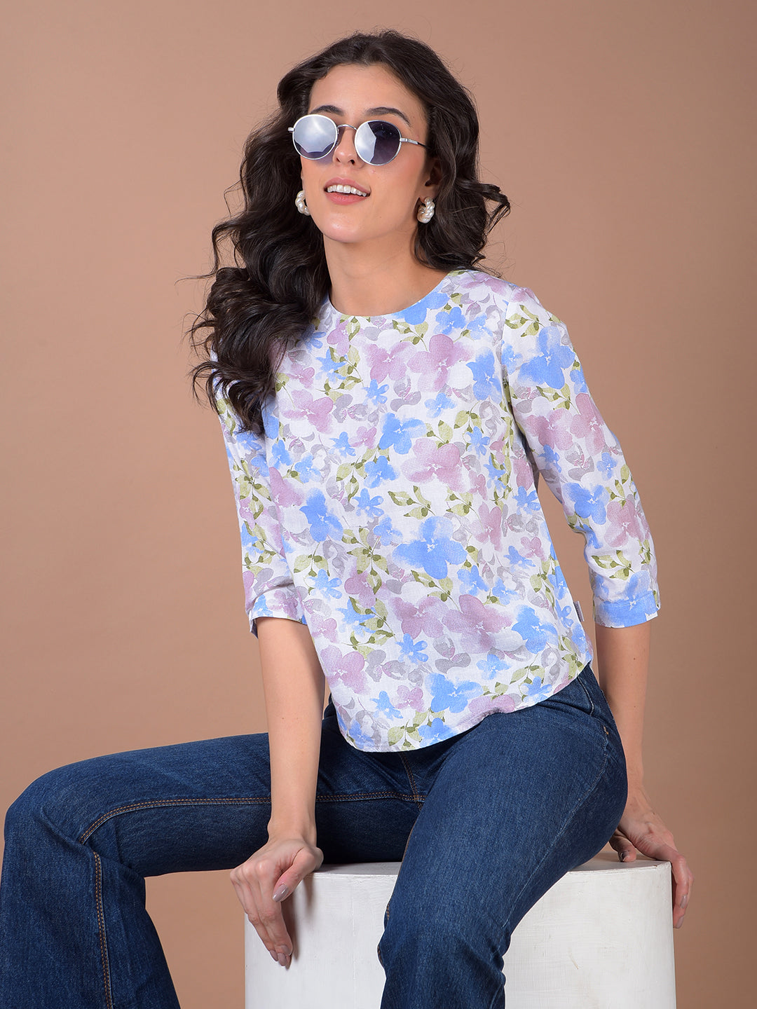 Multi-Color Floral Print Linen Top