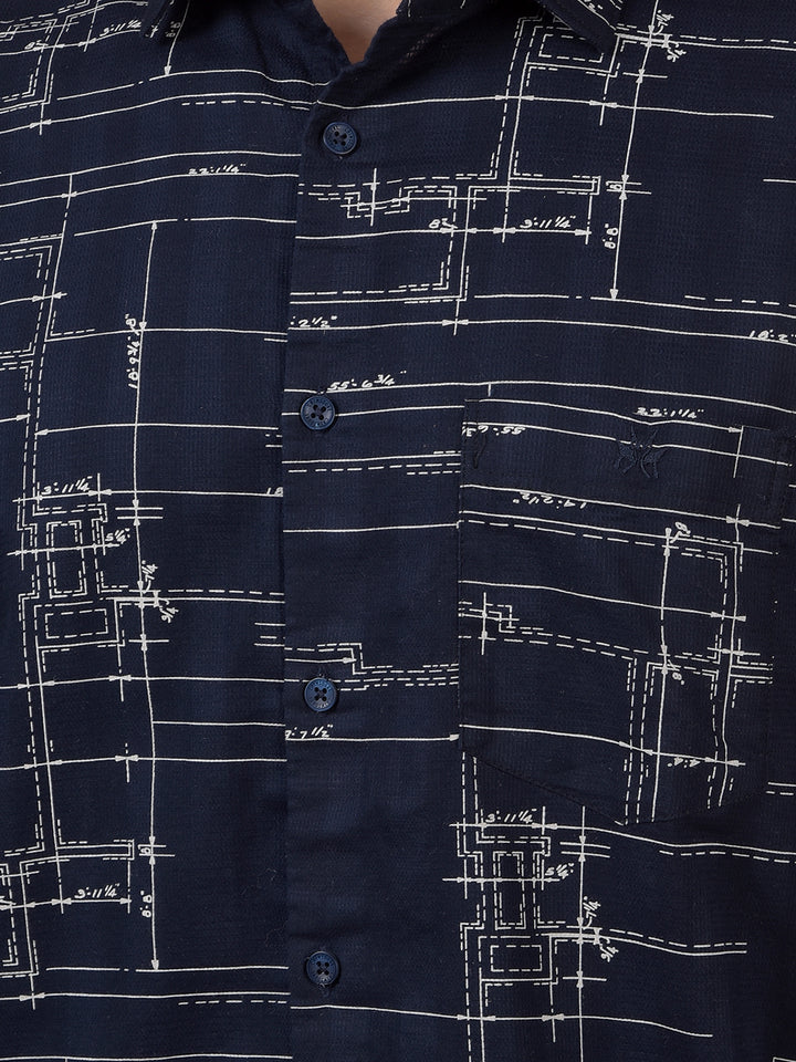 Navy Blue Printed 100% Cotton Shirt