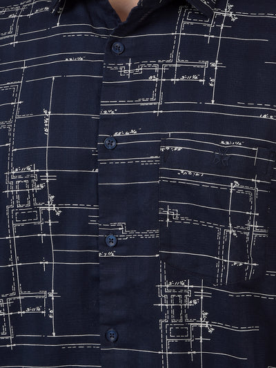 Navy Blue Printed 100% Cotton Shirt