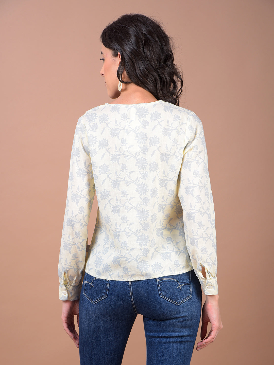 Yellow Floral Print Linen Top