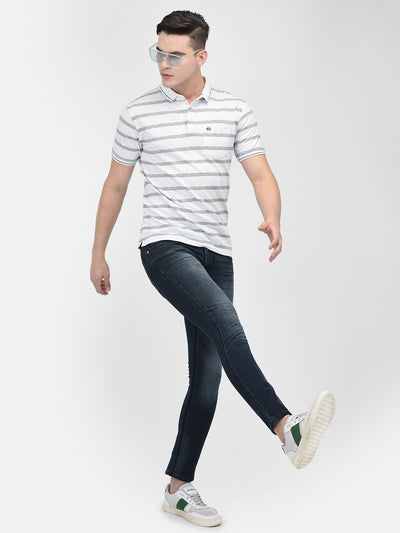 White Horizontal Stripes Polo Neck T-Shirt