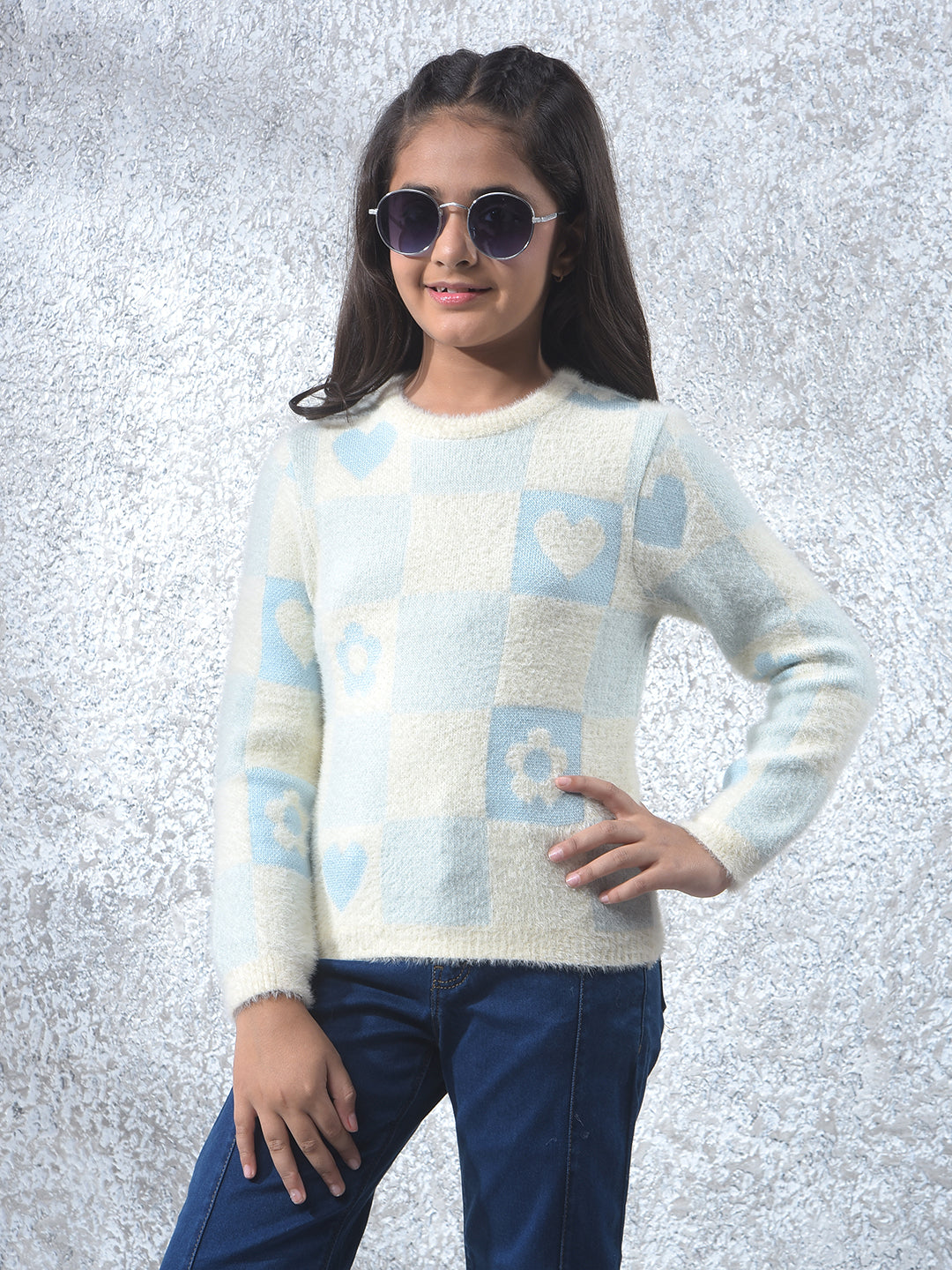 Blue Graphic Print Knitted Sweater