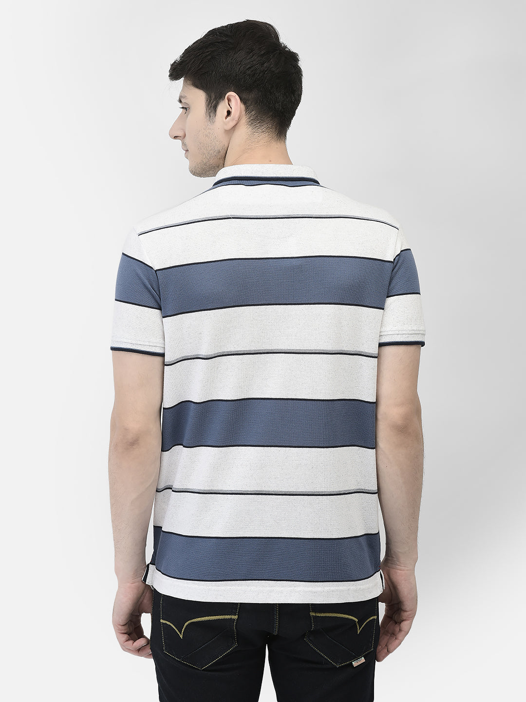 Off White Horizontal Stripes Polo Neck T-Shirt
