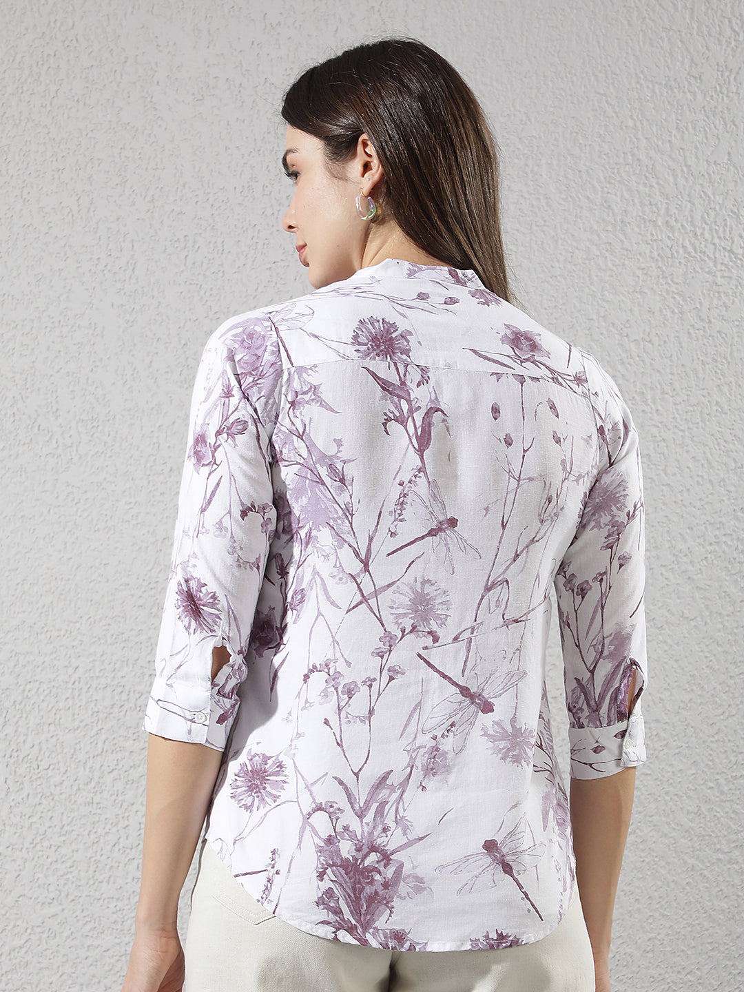 Purple Floral Print V-Neck Linen Shirt