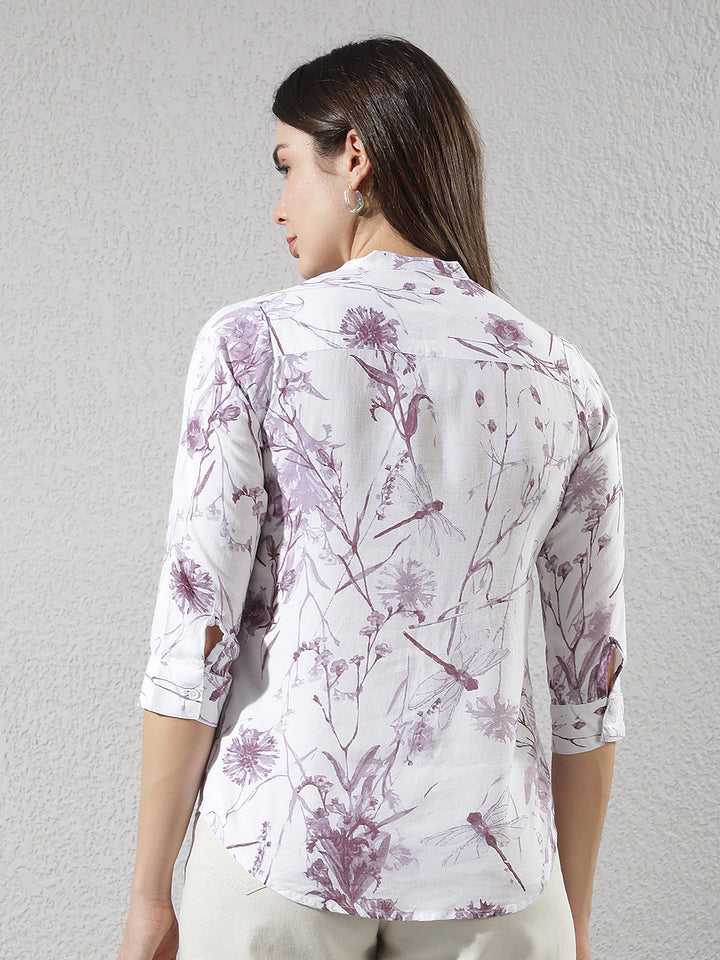 Purple Floral Print V-Neck Linen Shirt