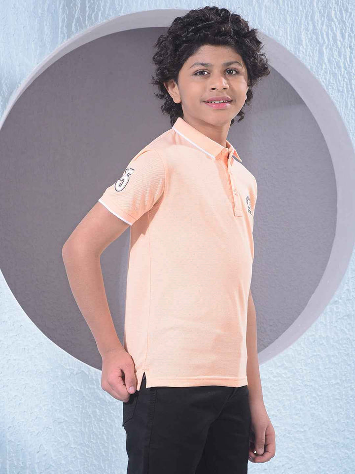 Peach Typographic Print Polo Neck T-Shirt