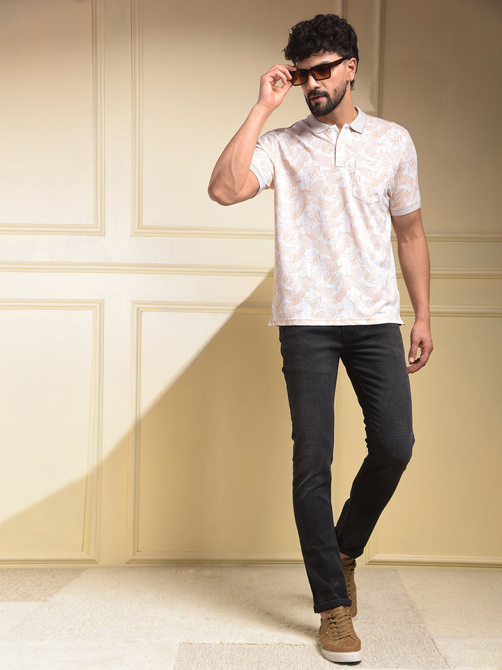 Peach Floral Print Polo-Neck T-Shirt