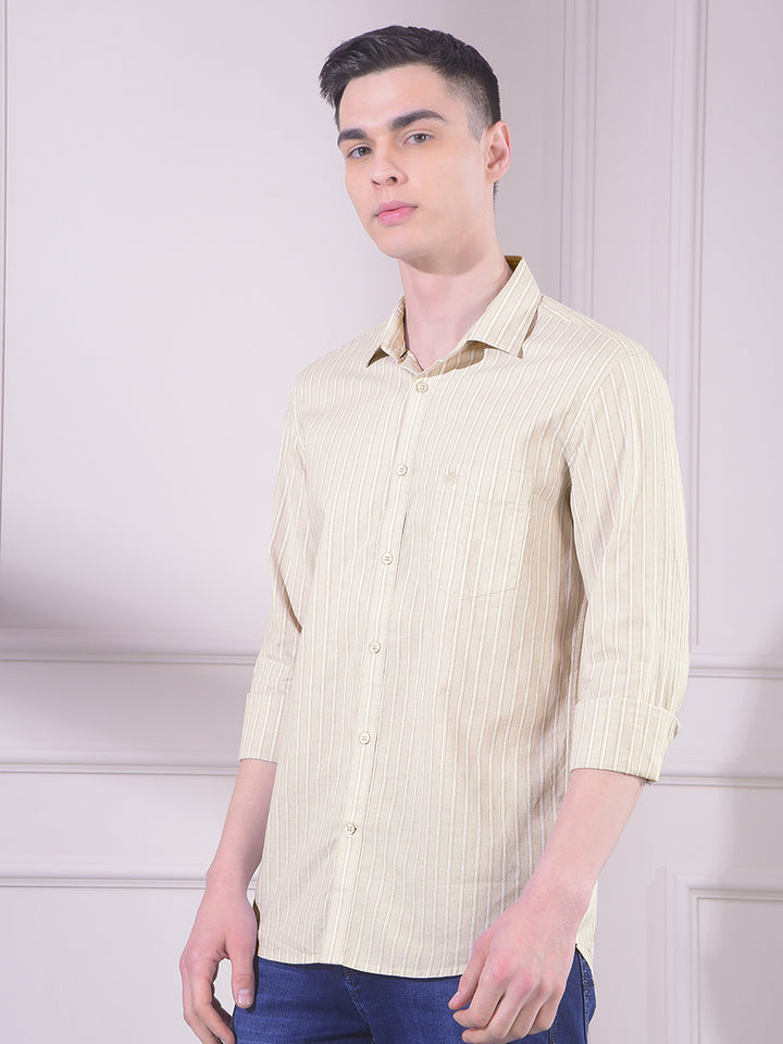 Beige 100% Cotton Vertical Stripes Shirt
