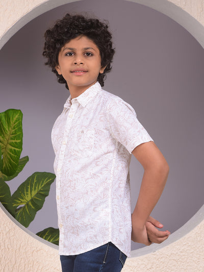 Beige Floral Print Linen Shirt