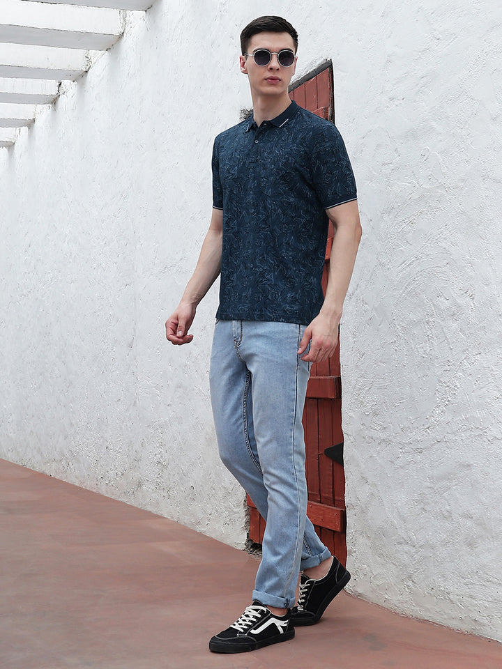Blue Floral Print Polo Neck T-Shirt