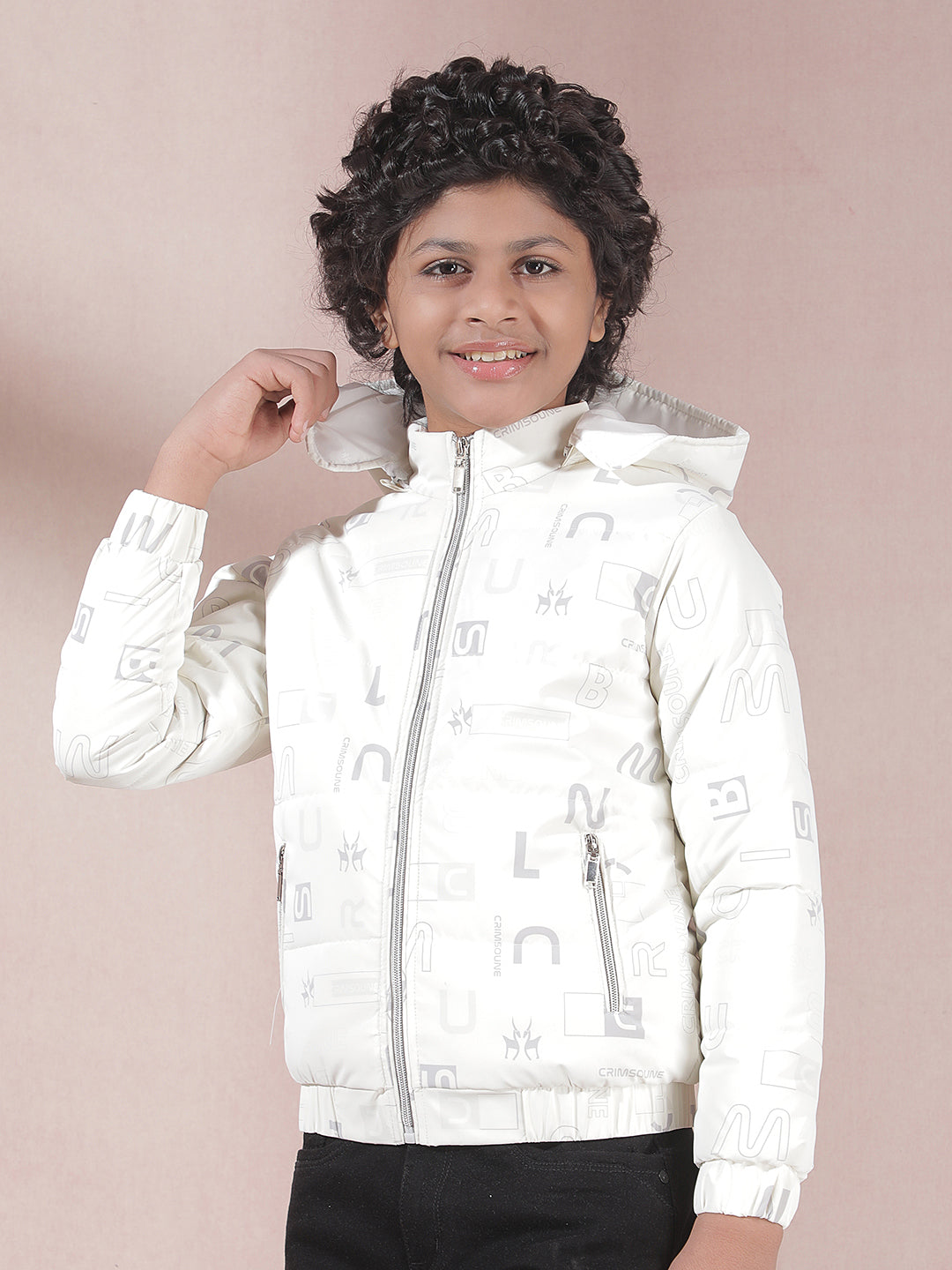 White Printed Hooded Puffer Jacket