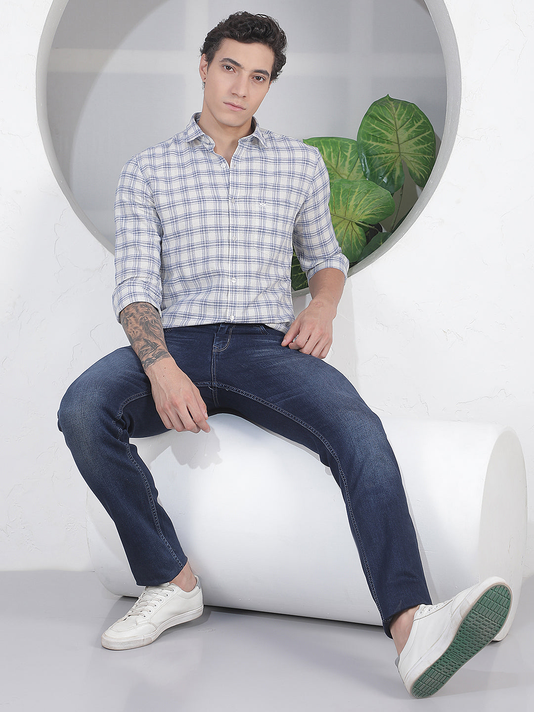 Teal Blue Checked Linen Shirt