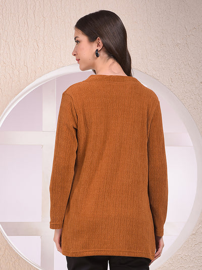 Brown Printed V-Neck Open Front Shrug