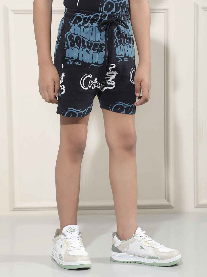 Navy Blue Typographic Print Shorts