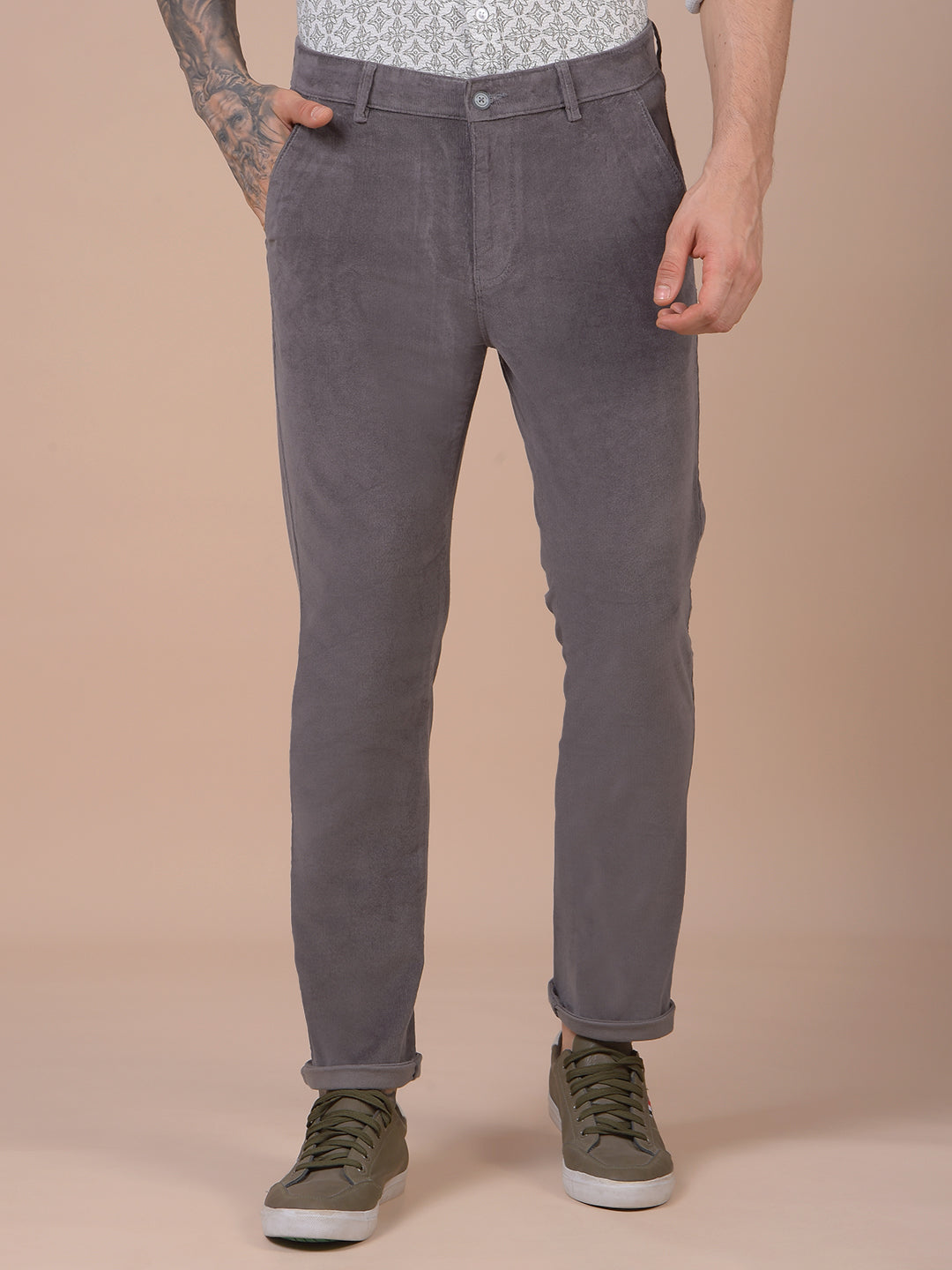 Grey Printed Corduroy Trousers