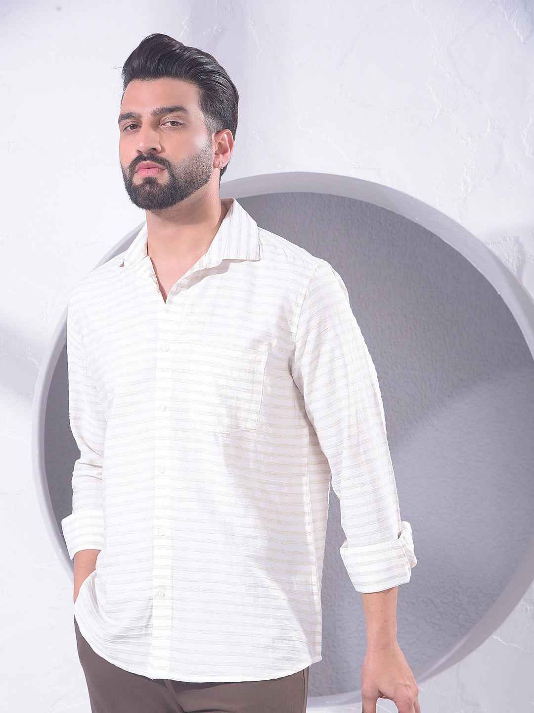 Beige Horizontal Stripes Linen Shirt