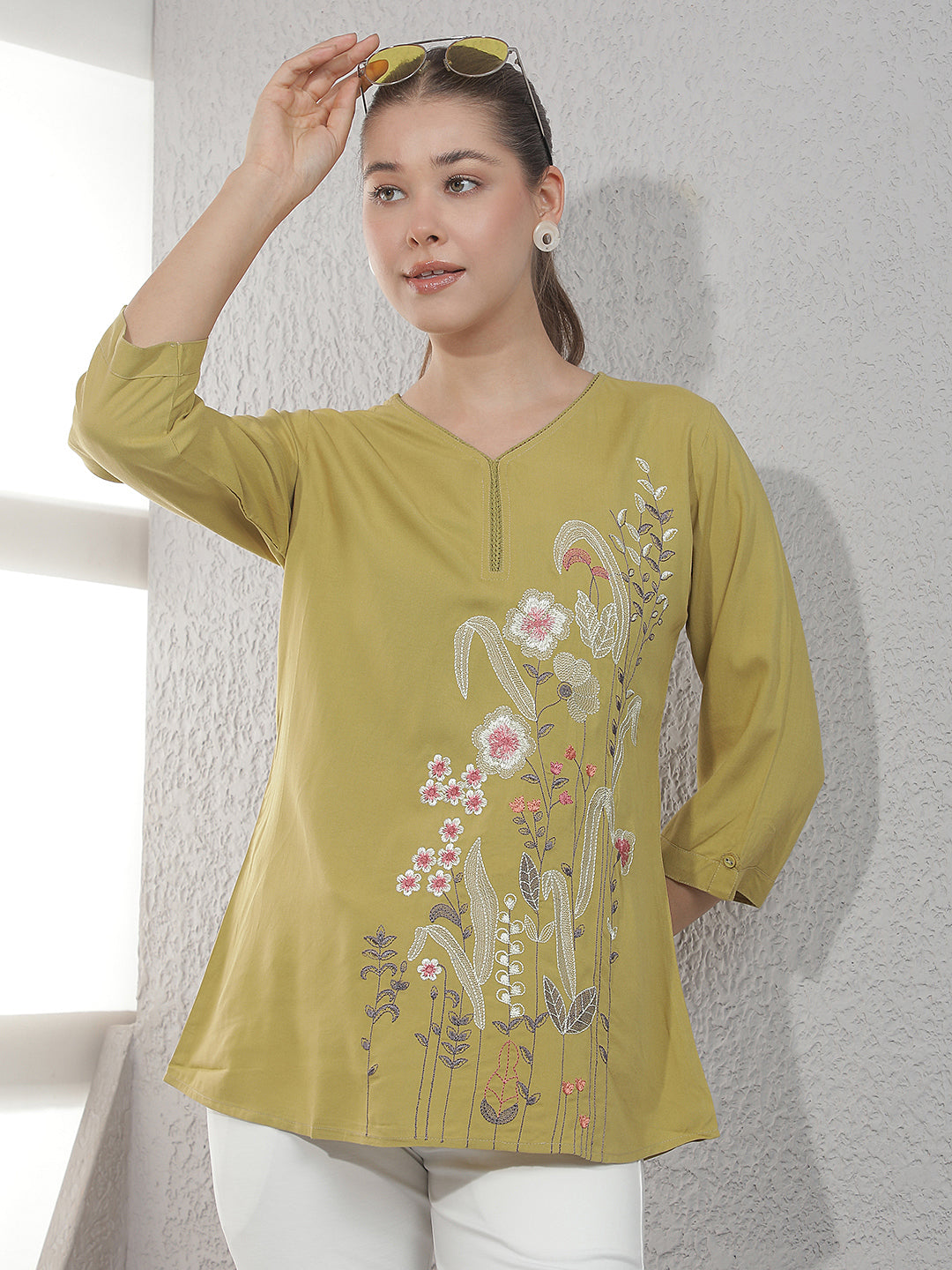 Green Embroidered V-Neck Top