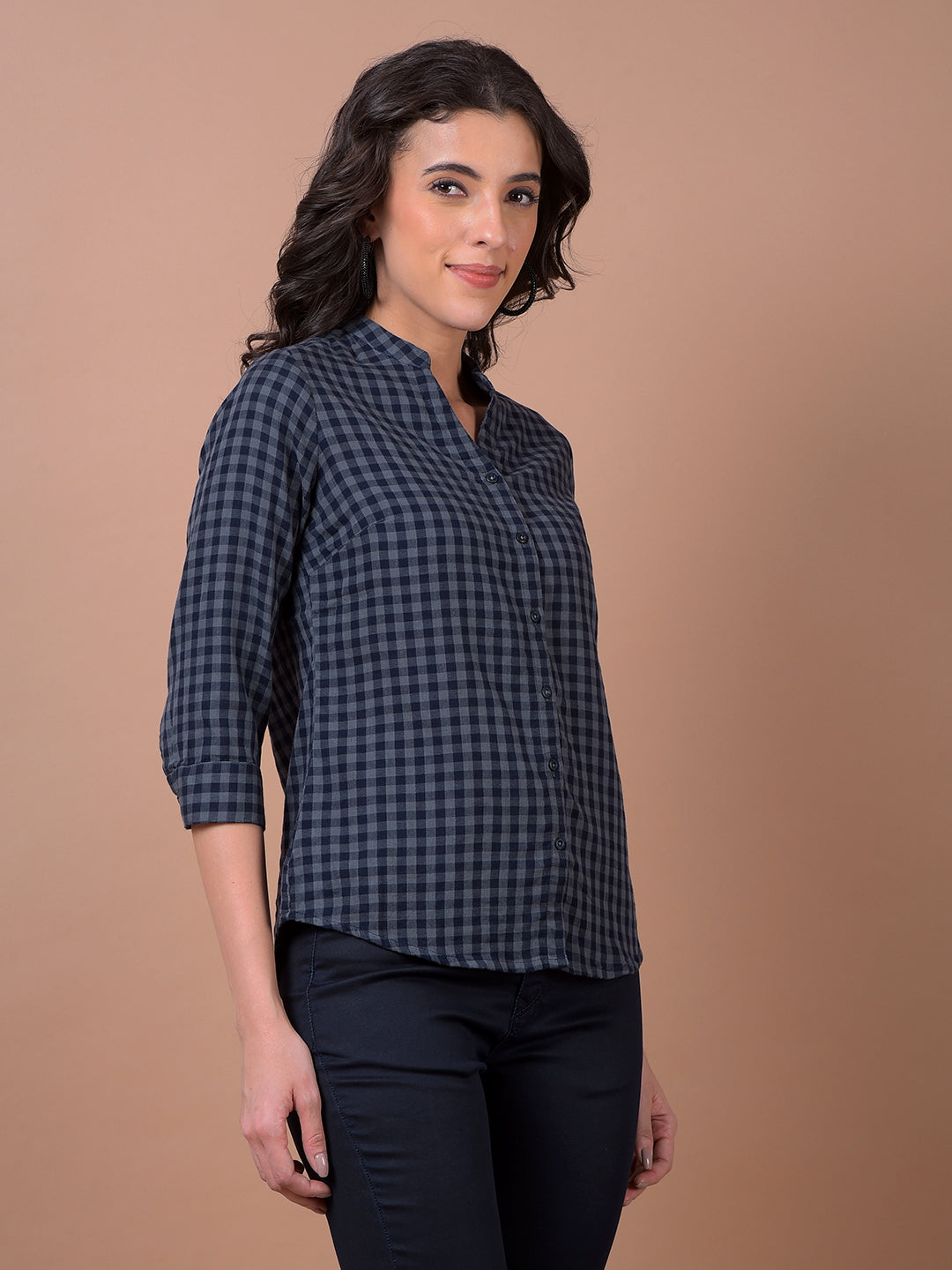 Blue Checked 100% Cotton V-Neck Shirt