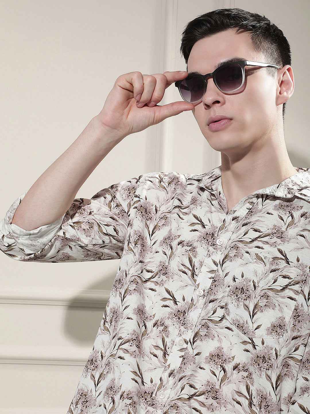 Brown Floral Print Linen Shirt