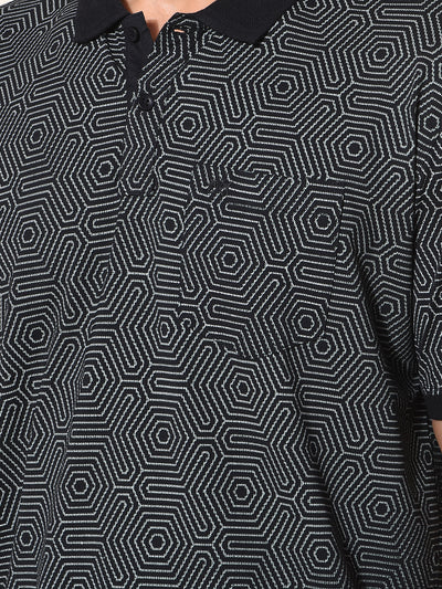 Black Printed Polo-Neck T-Shirt