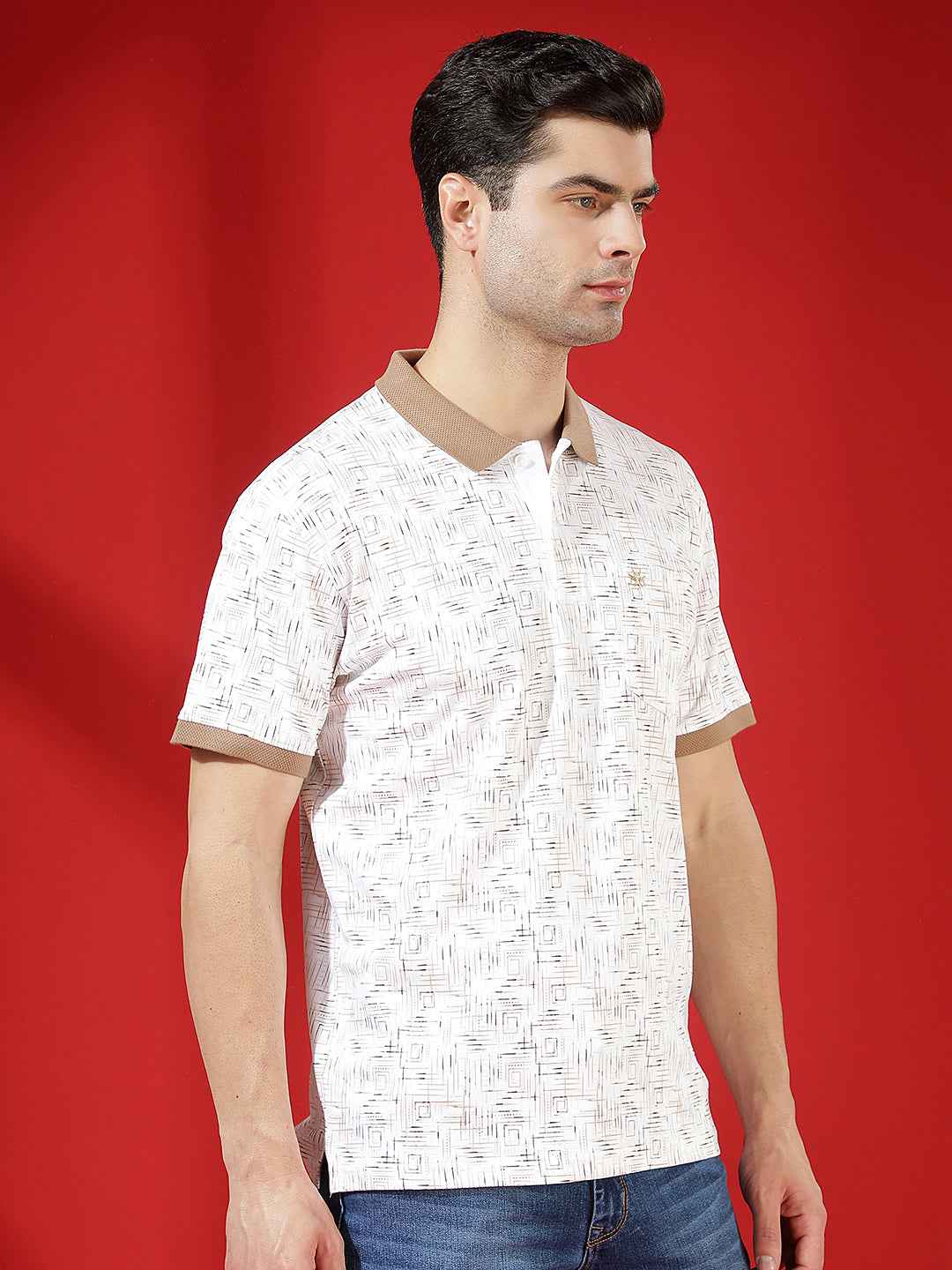 Brown Printed Polo Neck 100% Cotton T-Shirt