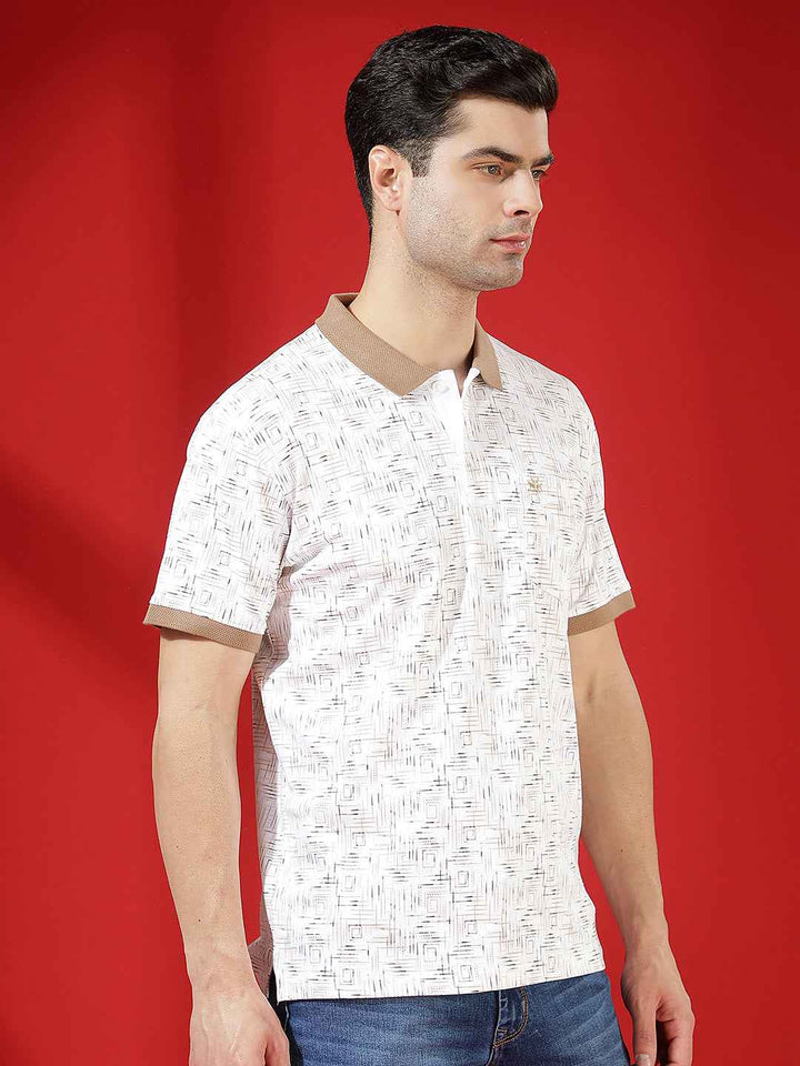 Brown Printed Polo Neck 100% Cotton T-Shirt