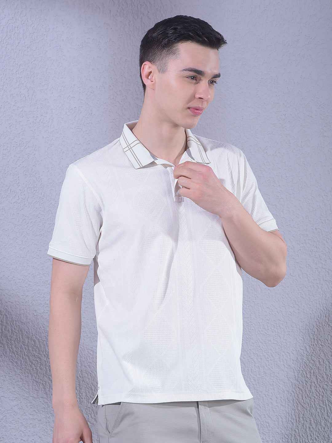 White Jacquard Polo Neck T-Shirt
