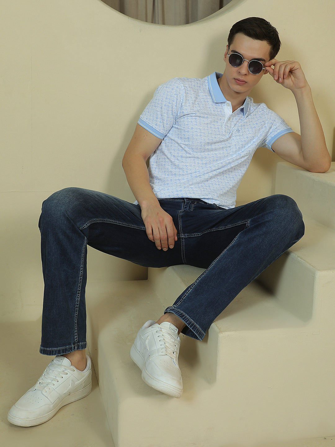 Blue Printed Polo Neck T-Shirt