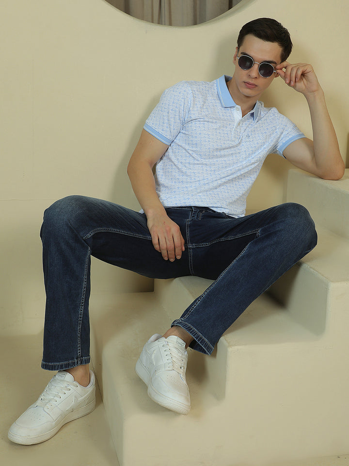Blue Printed Polo Neck T-Shirt