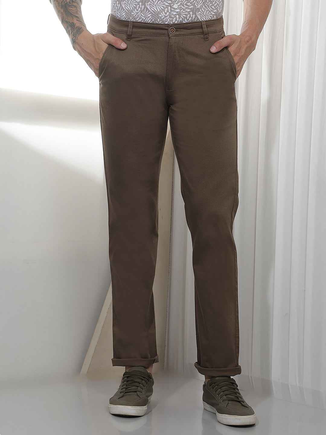 Brown Printed Straight Cotton Trousers