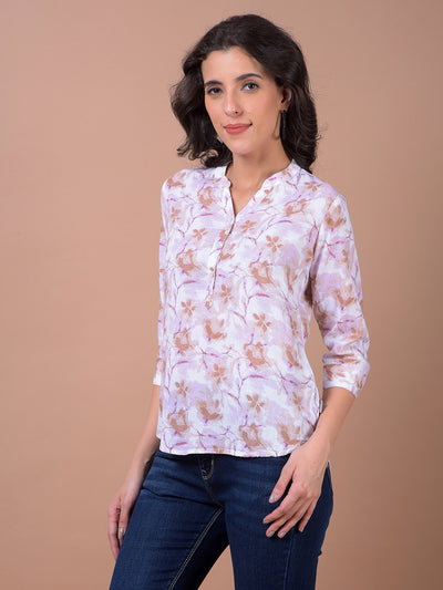 Pink Floral Print V-Neck Linen Top