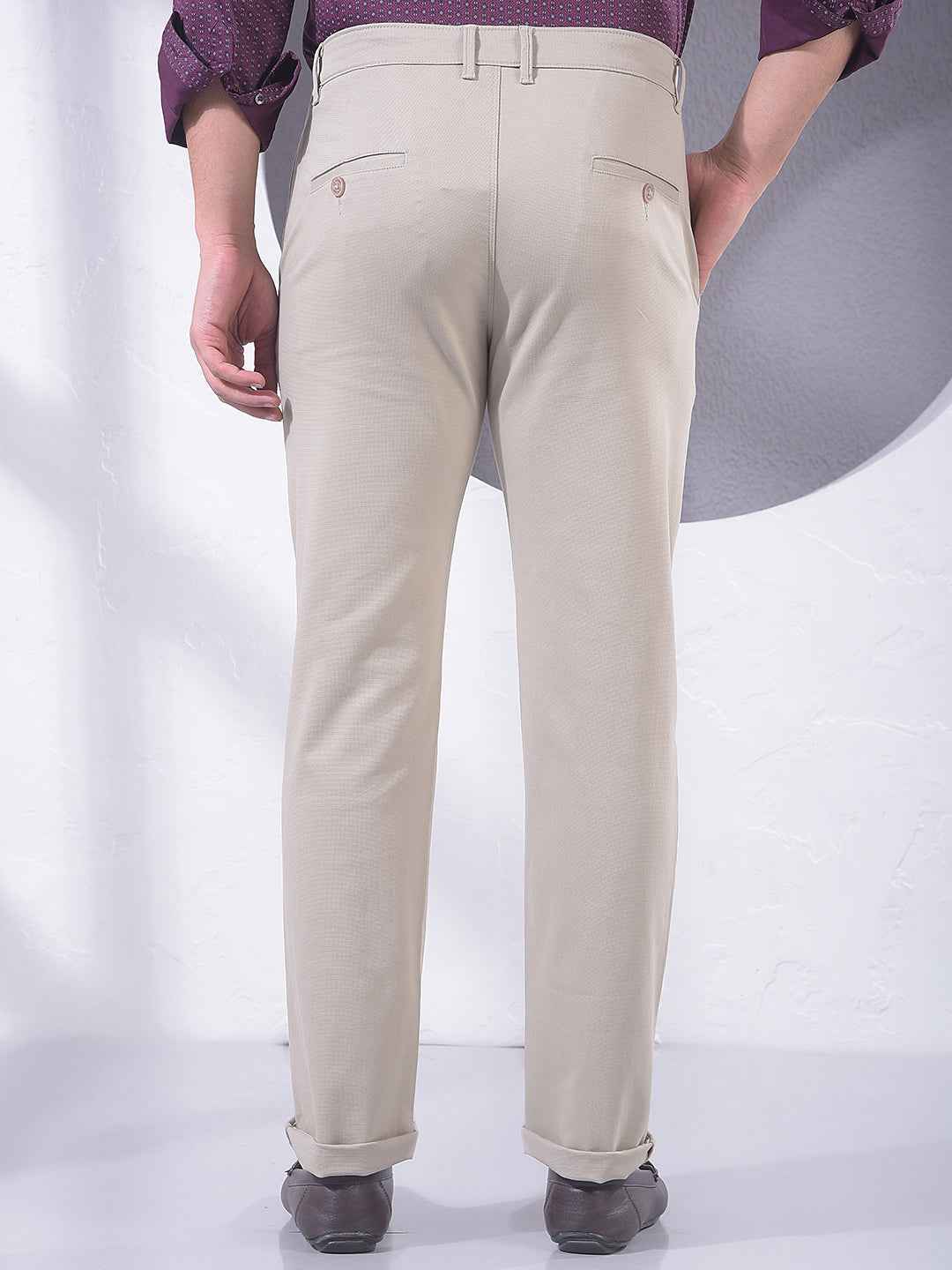 Beige Printed Straight Trousers