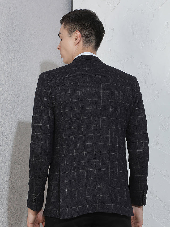 Navy Blue Checked Notched Lapel Blazer