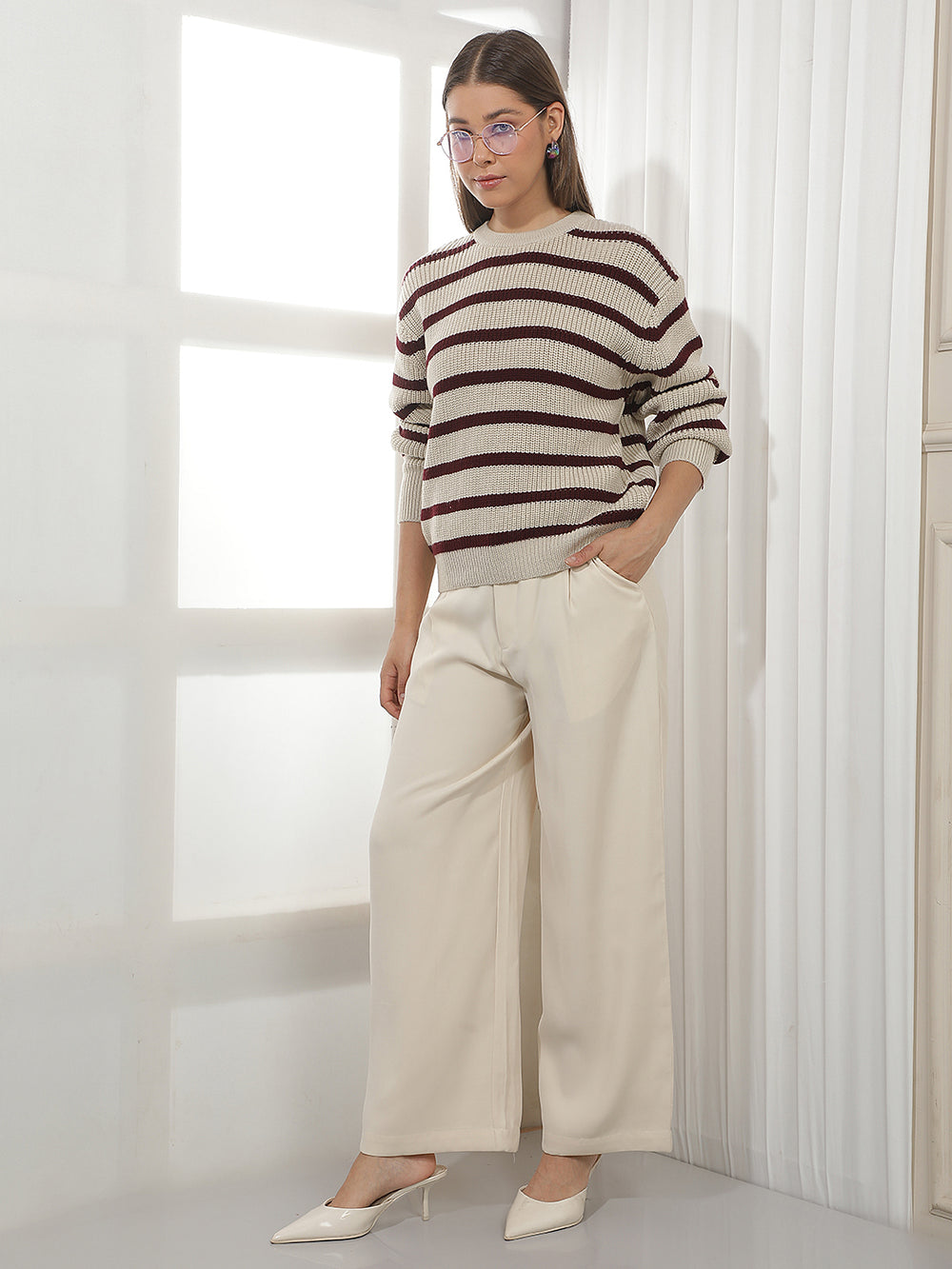 Beige Horizontal Stripes Acrylic Sweater