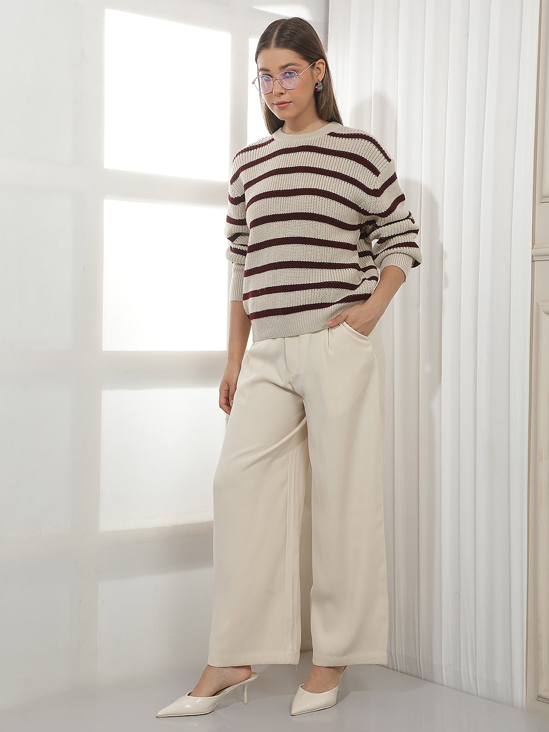 Beige Horizontal Stripes Acrylic Sweater