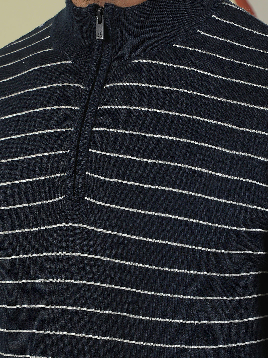 Navy Blue Horizontal Stripes Mock Neck Sweater