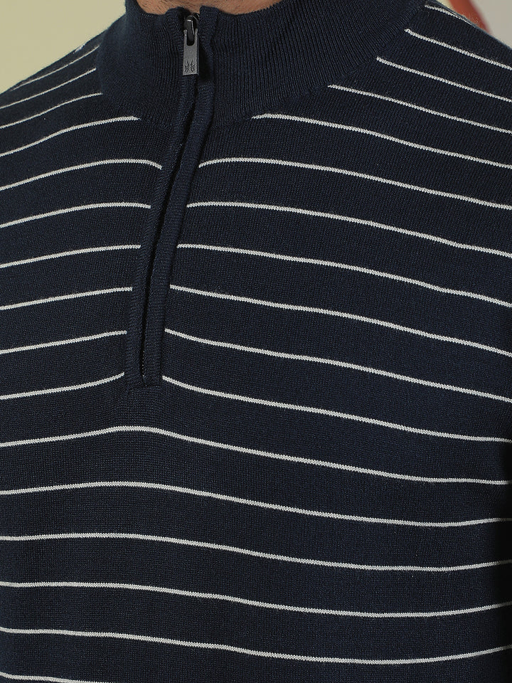 Navy Blue Horizontal Stripes Mock Neck Sweater