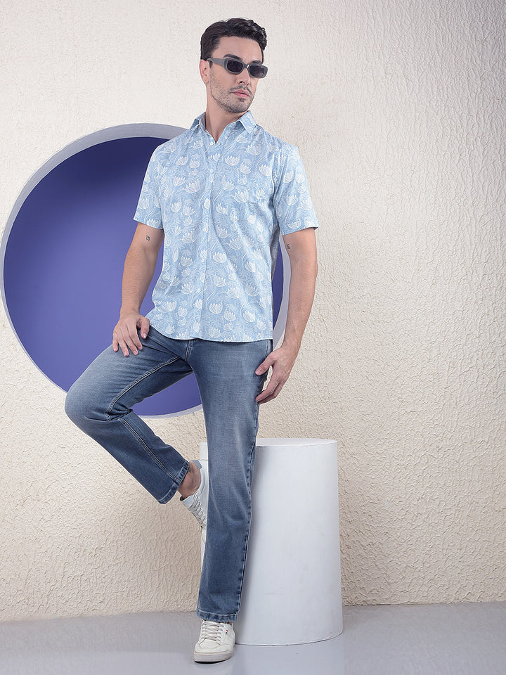 Blue Floral Printed Linen Shirt