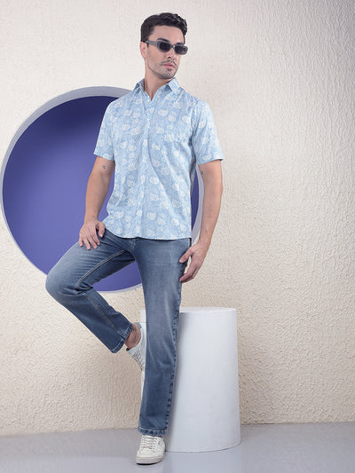 Blue Floral Printed Linen Shirt
