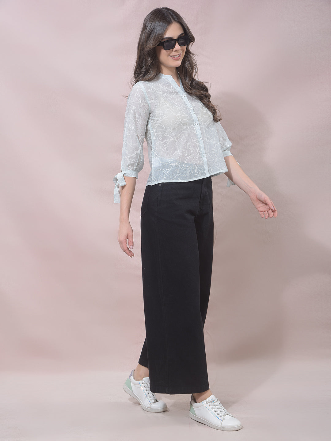 Green Printed V-Neck Shirt