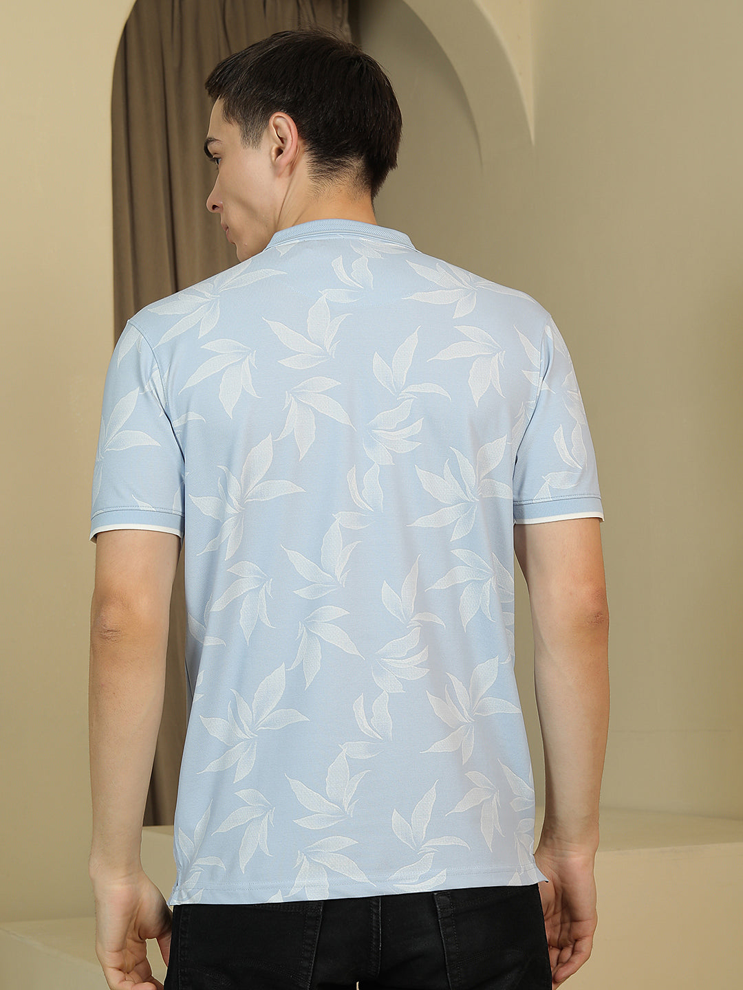 Blue Floral Print Polo Neck T-Shirt