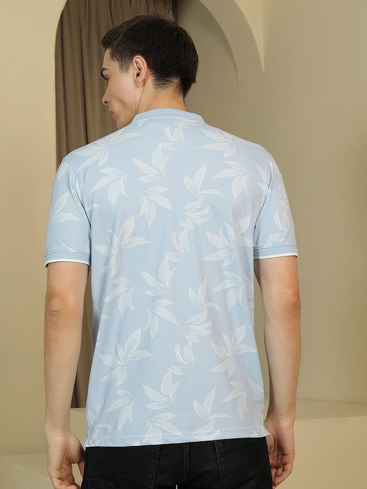 Blue Floral Print Polo Neck T-Shirt