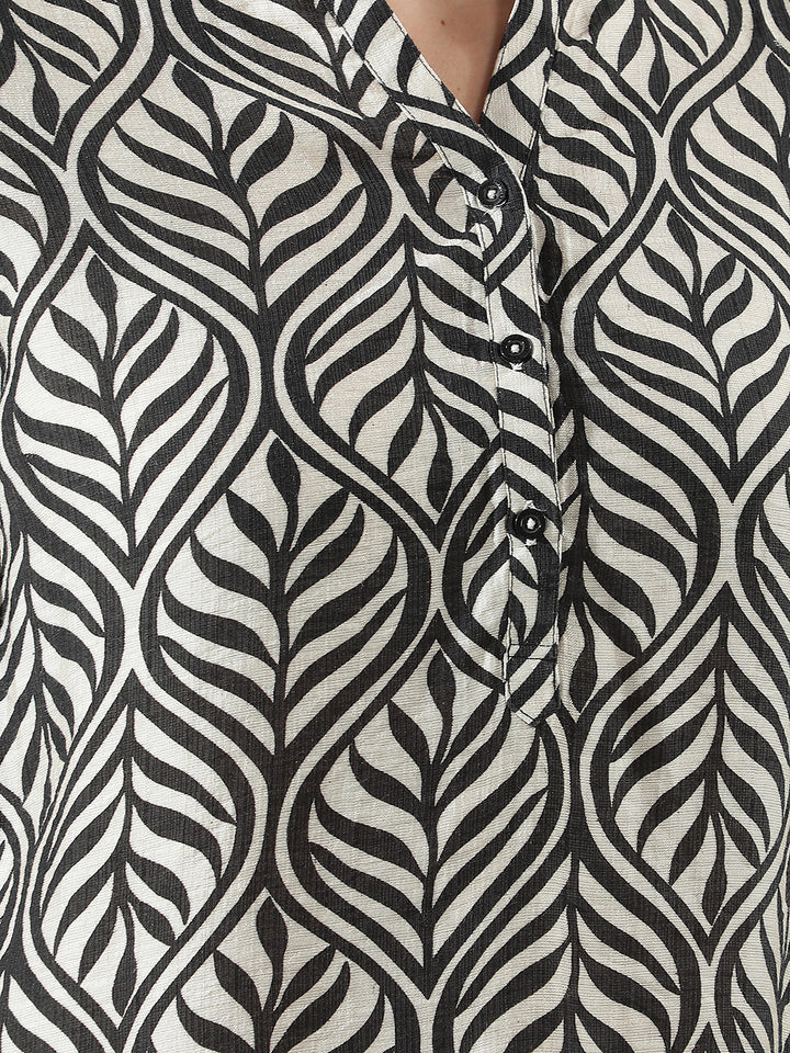 Black Botanical Print V-Neck Top