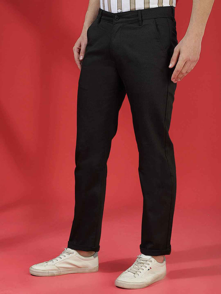 Jet Black 100% Cotton Geometric Print Straight Trousers
