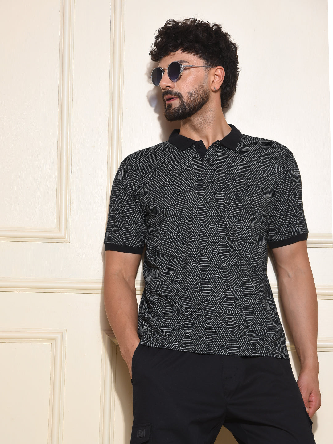 Black Printed Polo-Neck T-Shirt