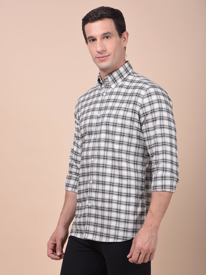 Beige Checked Button-Down Collar 100% Cotton Shirt
