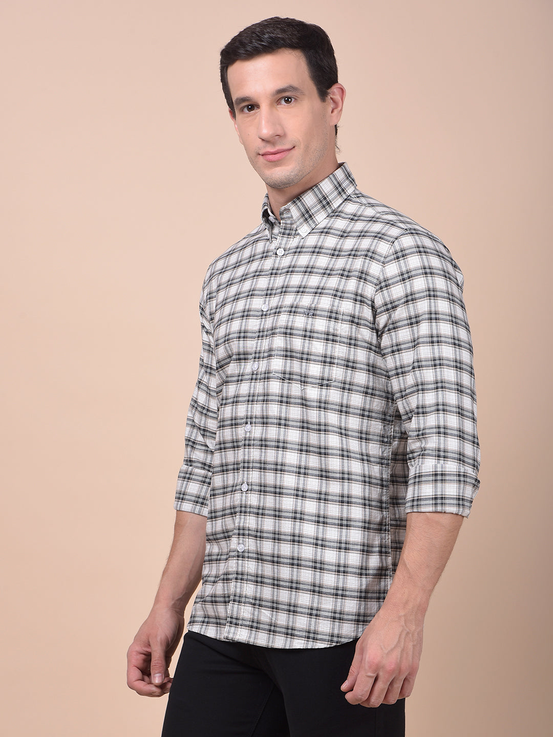 Beige Checked Button-Down Collar 100% Cotton Shirt