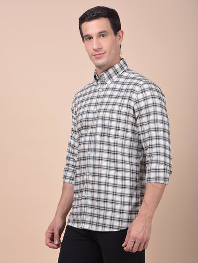 Beige Checked Button-Down Collar 100% Cotton Shirt